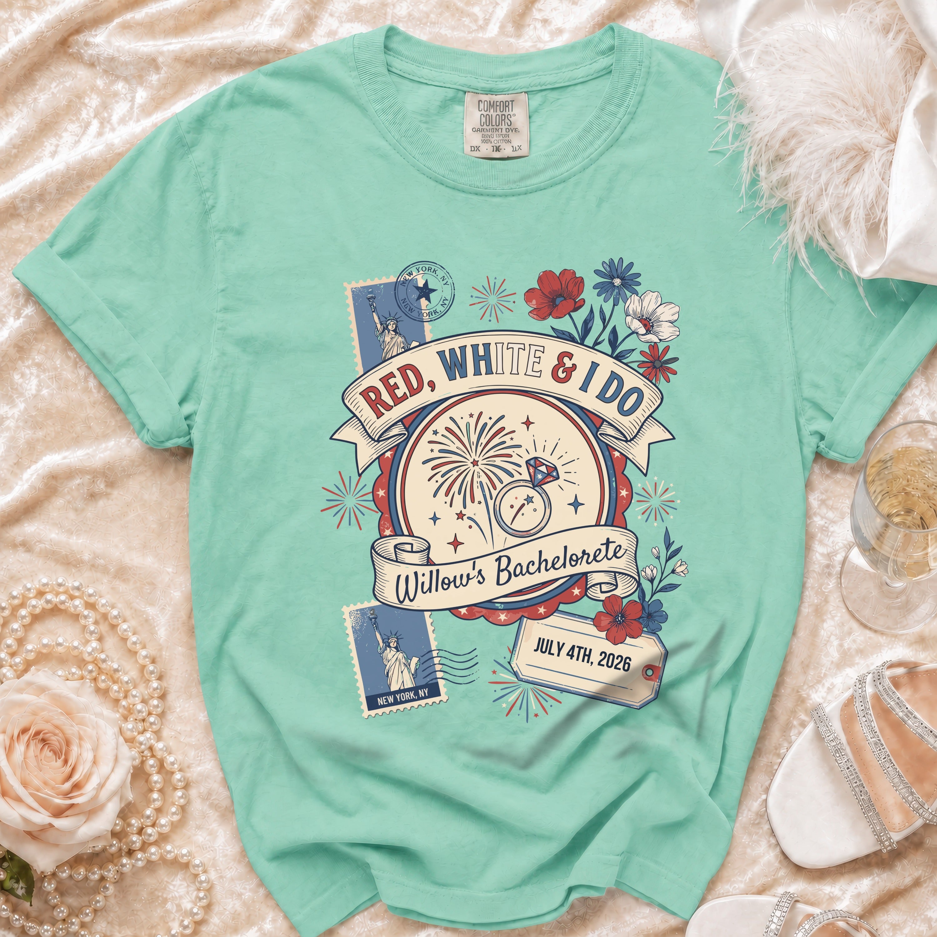 Mint green t-shirt with "Red, White & I Do" text and July 4th wedding graphics.