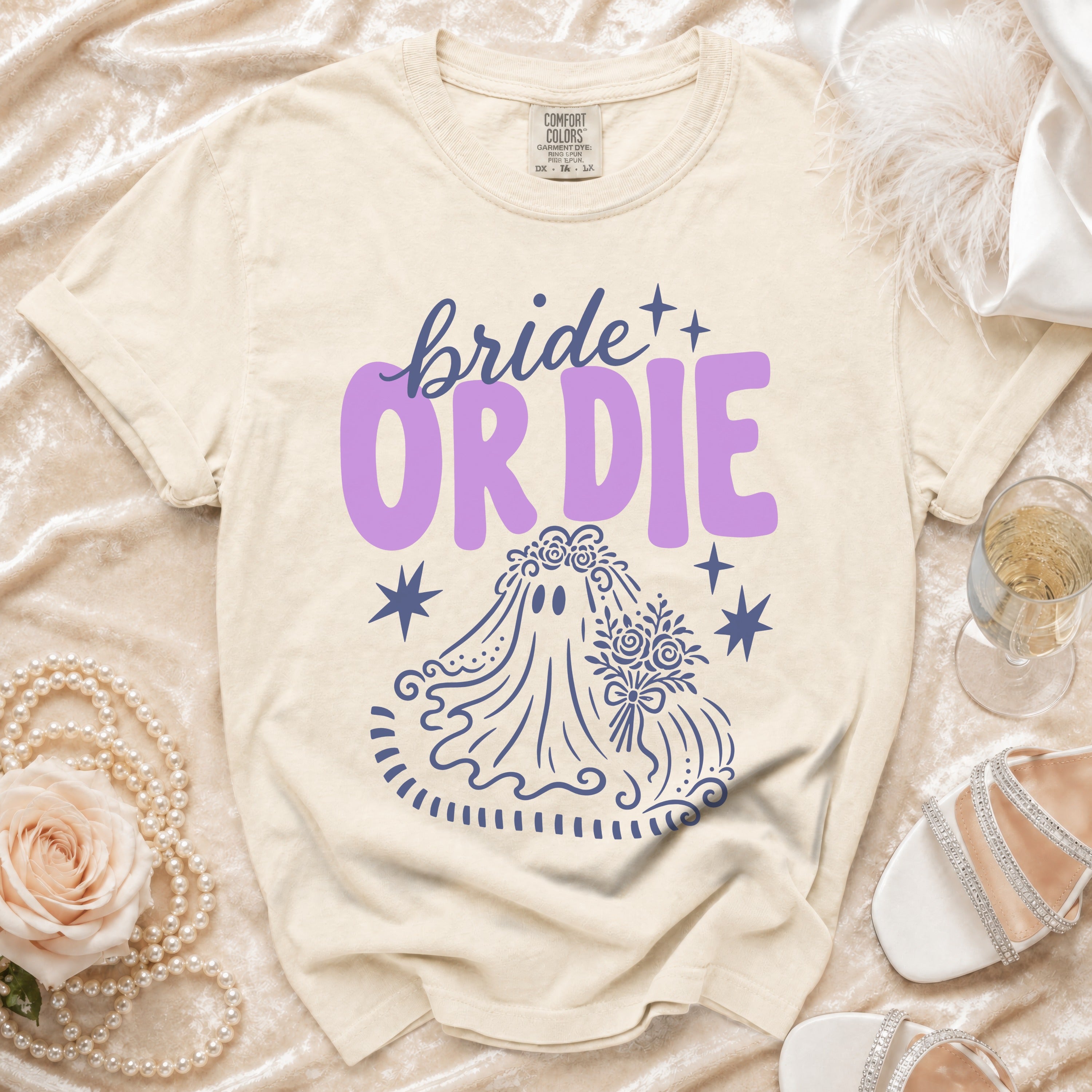 Bride or Die graphic on a light yellow t-shirt with a ghost bride and flowers.