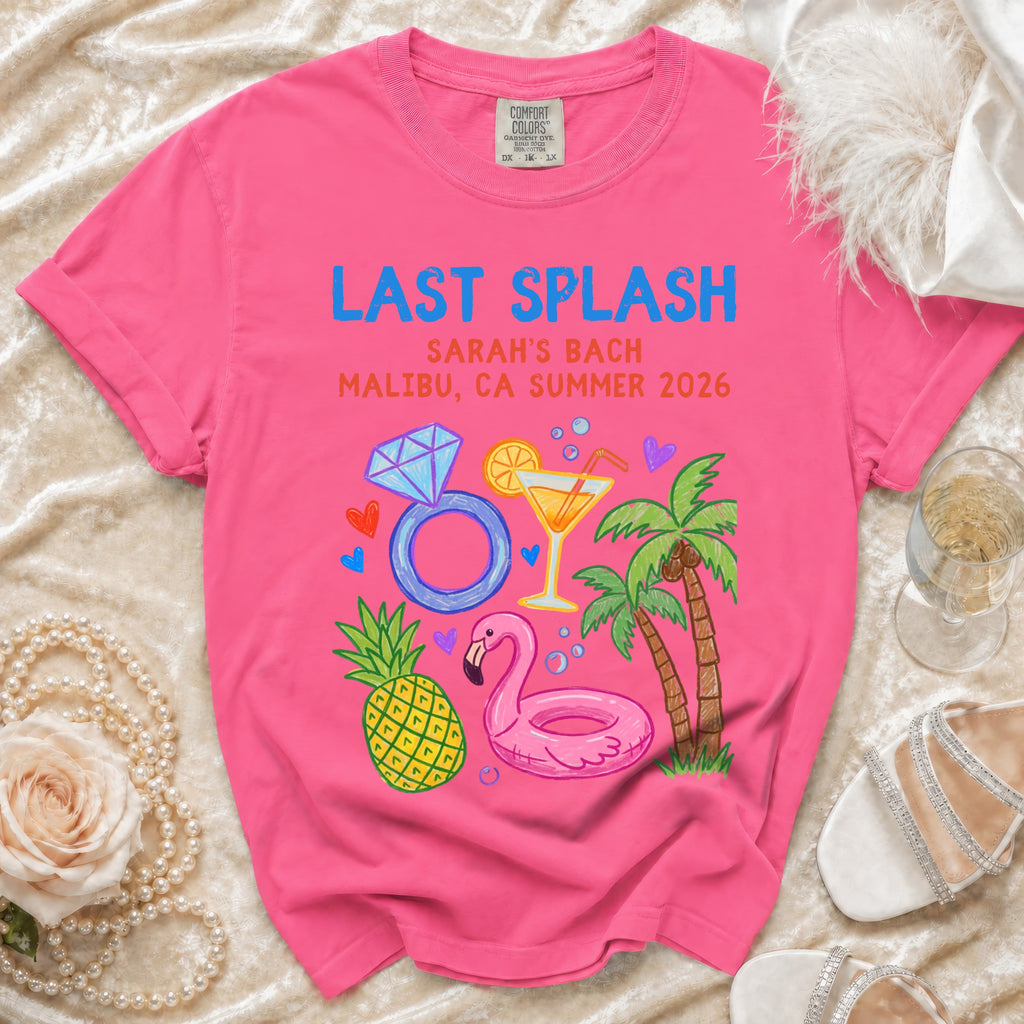 Pink t-shirt with "Last Splash Sarah's Bach Malibu CA Summer 2026" and tropical graphics.