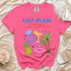 Pink t-shirt with "Last Splash Sarah's Bach Malibu CA Summer 2026" and tropical graphics.