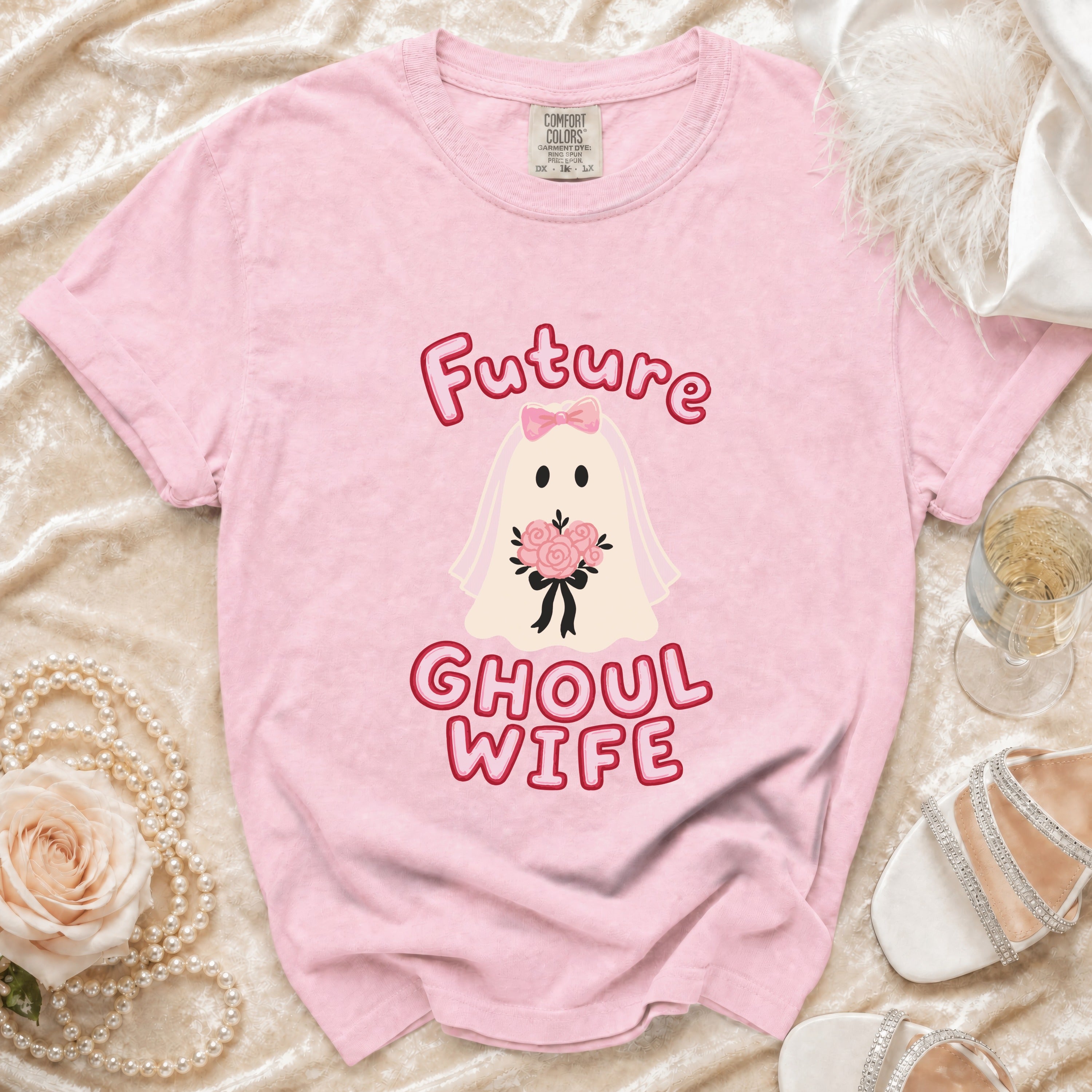 Pink t-shirt with "Future Ghoul Wife" text and ghost graphic.