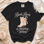 Black t-shirt with "Boots, Bows & Wedding Vows" text and cowboy boot graphic.
