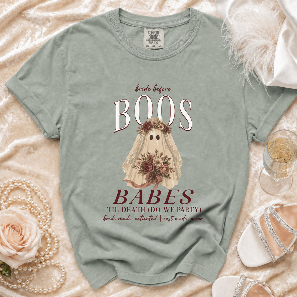 Green t-shirt with "Bride Before Boos" and a ghost bride graphic.