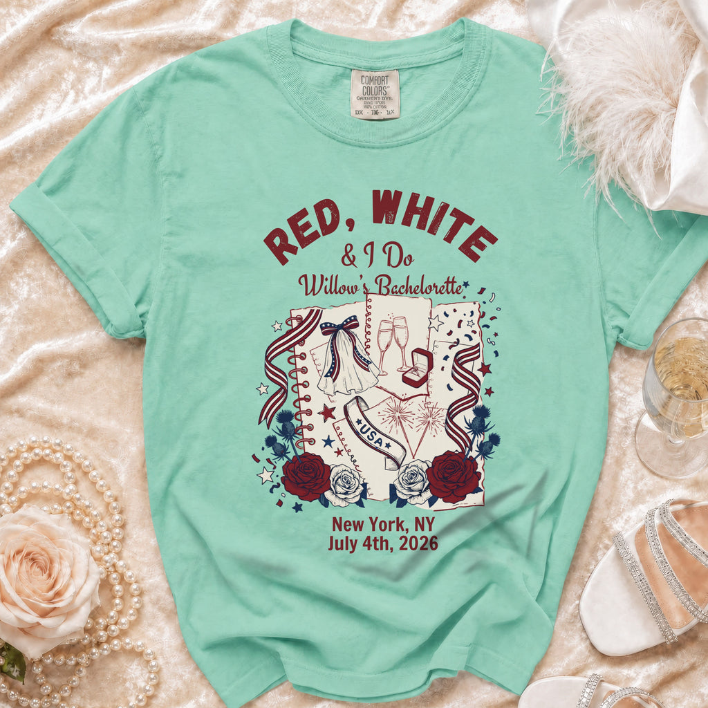 "Red, White & Do" bachelorette t-shirt with wedding rings, fireworks, and USA accents.