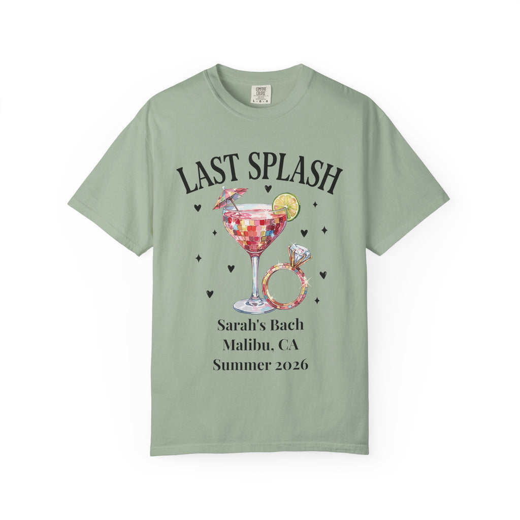T-shirt with "Last Splash" text, cocktail, ring, and "Sarah's Bach, Malibu, CA Summer 2026".
