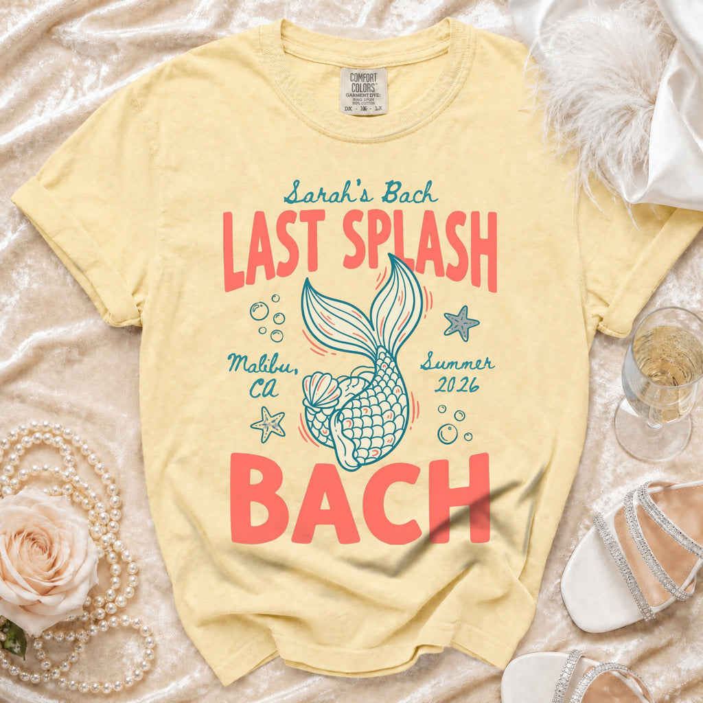 Yellow t-shirt with "Last Splash Bach" and mermaid tail graphic.