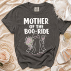 Dark grey t-shirt with "MOTHER OF THE BOO-RIDE" text and ghost graphic.
