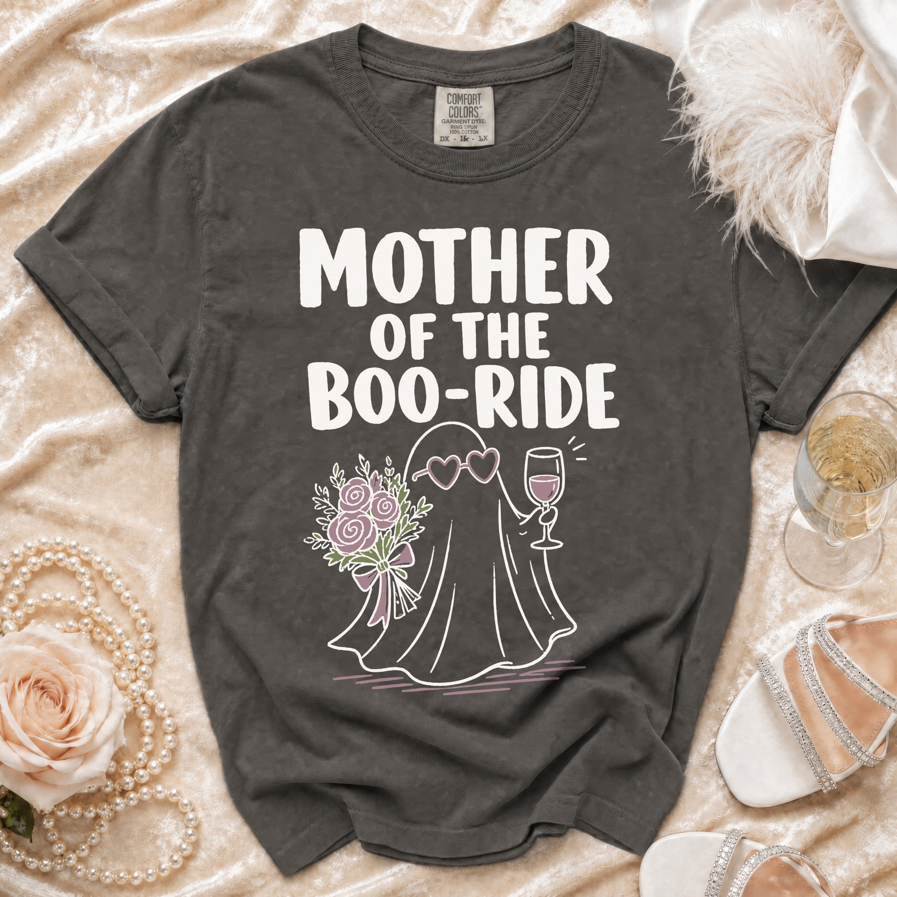 Dark grey t-shirt with "MOTHER OF THE BOO-RIDE" text and ghost graphic.