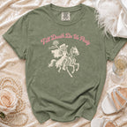 Green t-shirt with "Till Death Do Us Party" text and skeleton bride on horse graphic.
