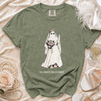 Green t-shirt with ghost bride graphic and text "Til Death Do Us Party".