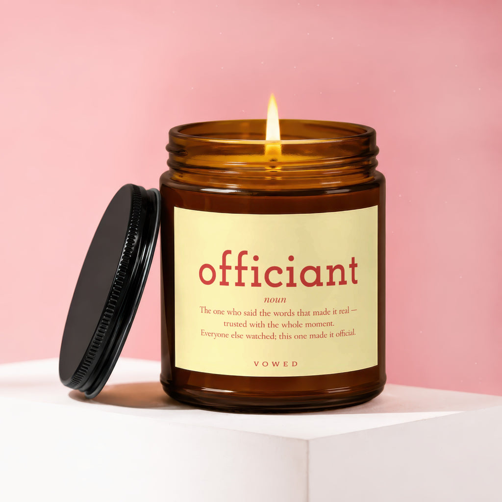 Amber candle with lid beside it, labeled "officiant" and its definition.