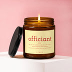 Amber candle with lid beside it, labeled "officiant" and its definition.