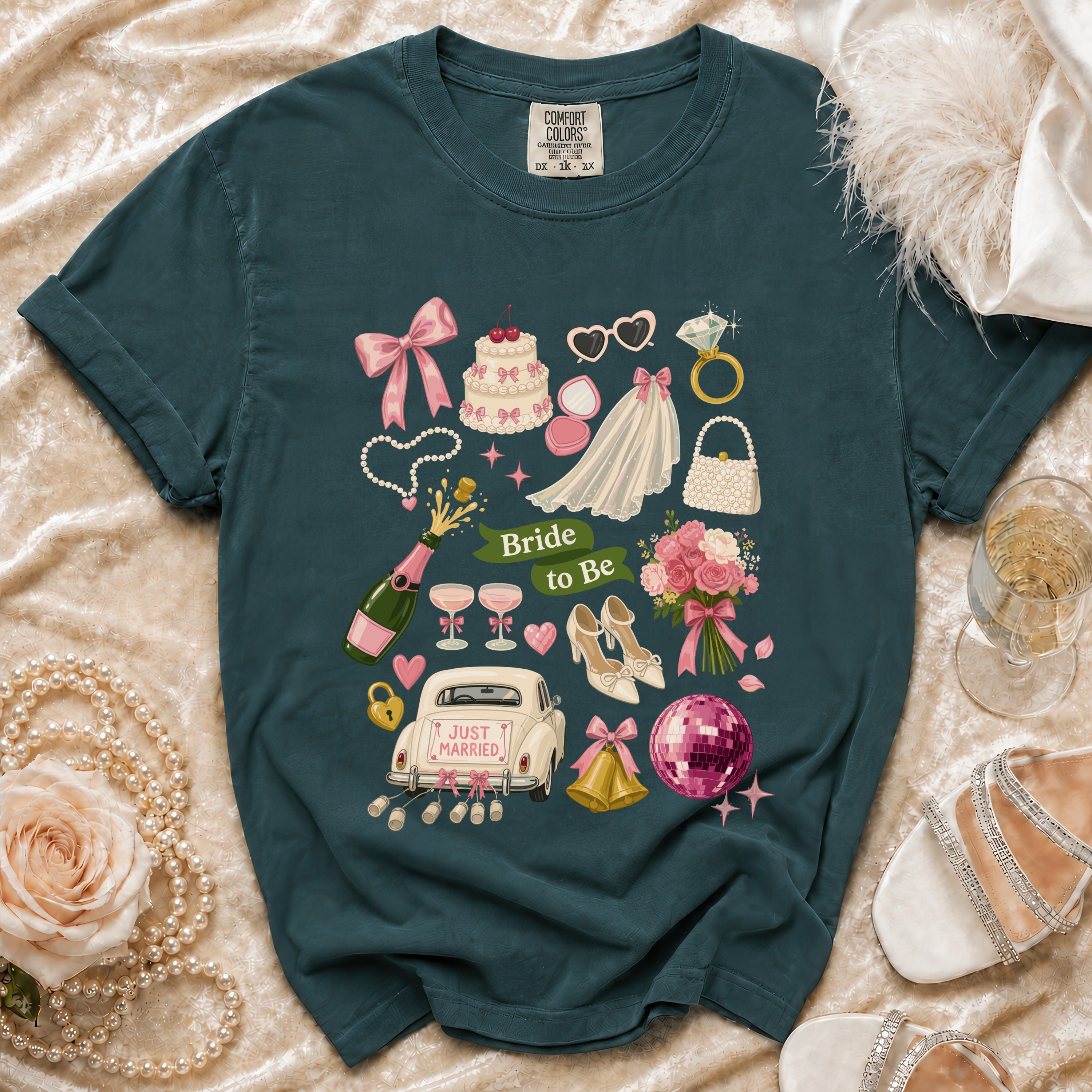 Green t-shirt with "Bride to Be" and wedding icons: cake, car, veil.