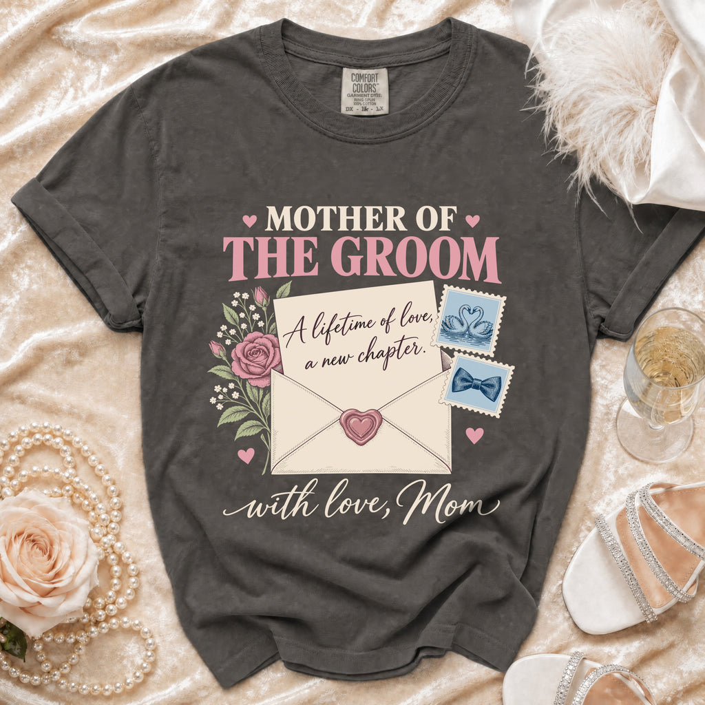 Dark gray t-shirt with "MOTHER OF THE GROOM" and floral design.