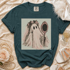 Ghost wearing veil and lipstick, holding ornate mirror, with floral wreath.