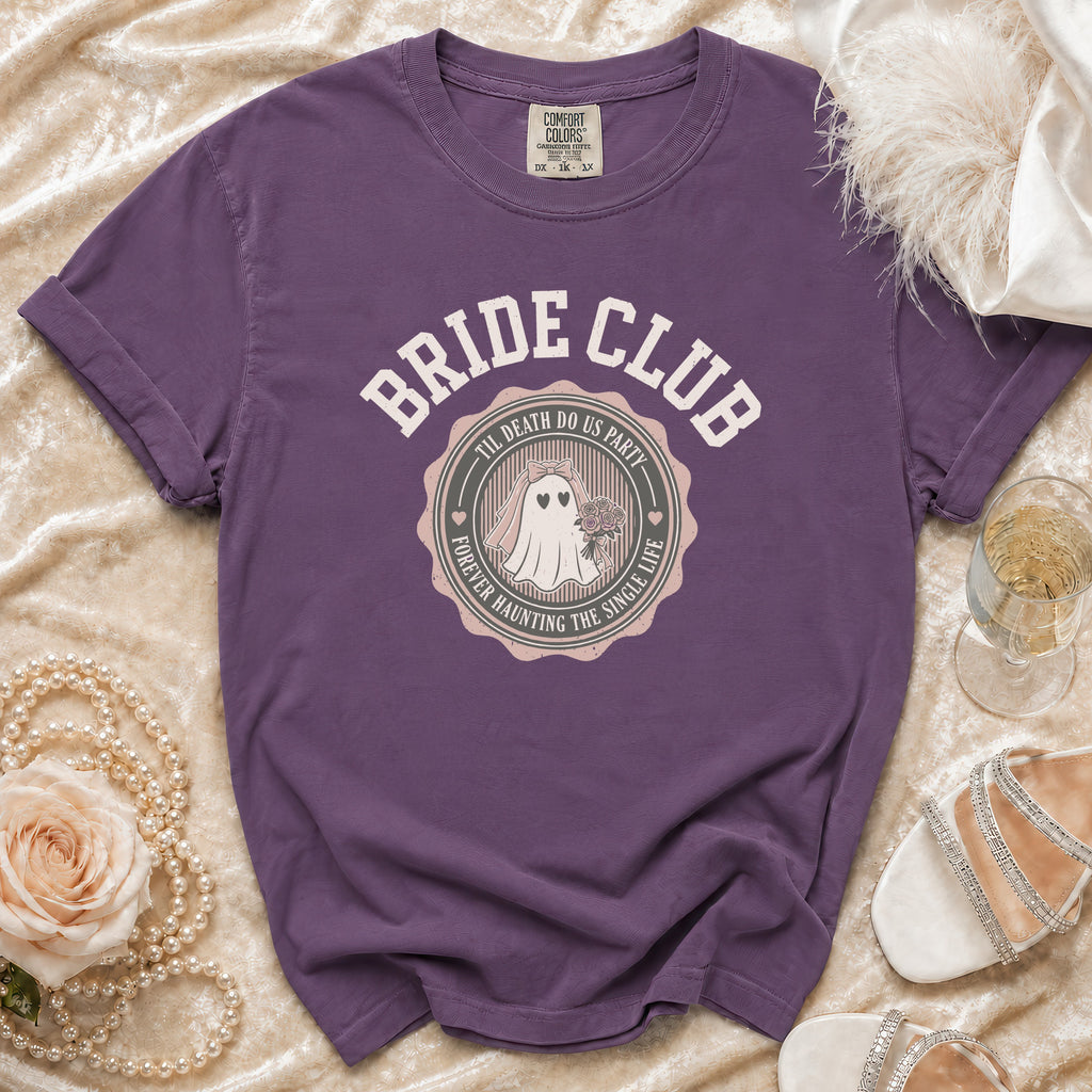 Purple t-shirt with "Bride Club" and ghost design.