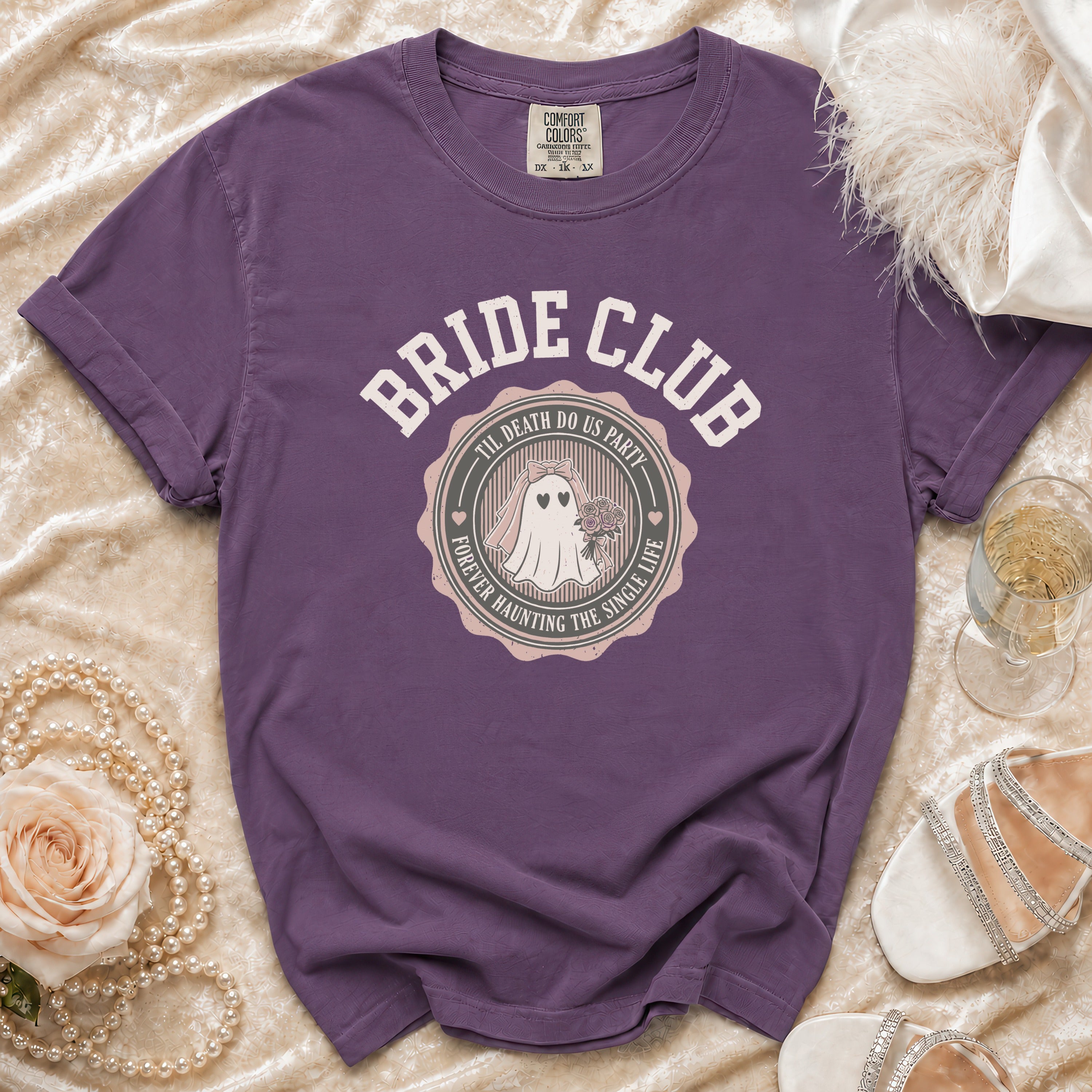 Purple t-shirt with "Bride Club" and ghost design.