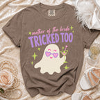 Brown t-shirt with "mother of the bride TRICKED TOO" text and ghost graphic.