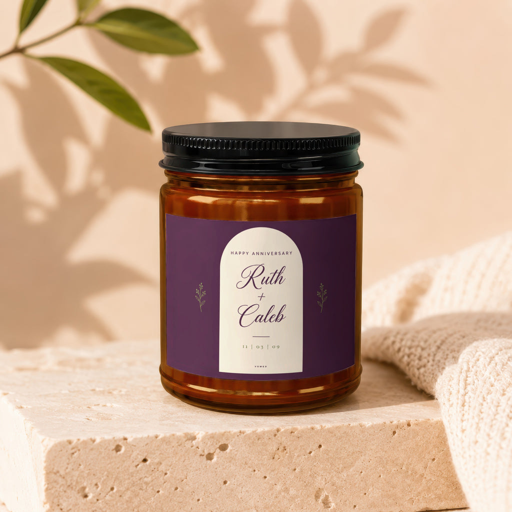 Anniversary candle for Ruth + Caleb with date 11 | 03 | 09.