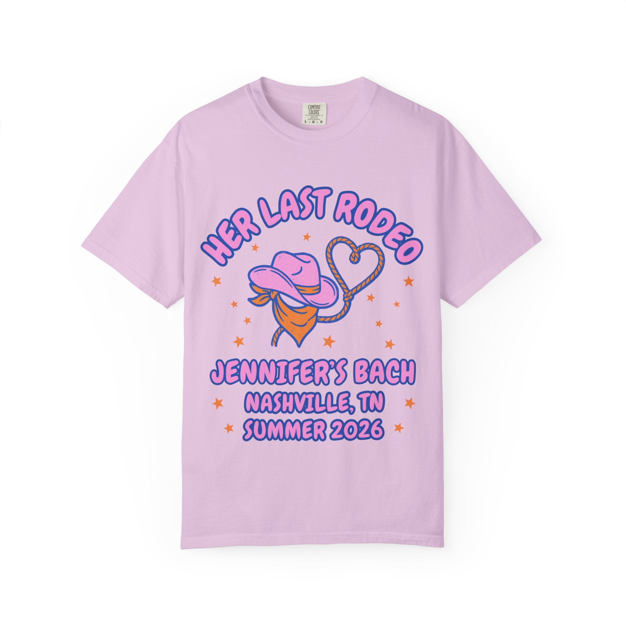 Pink t-shirt with "Her Last Rodeo" and bachelorette details.