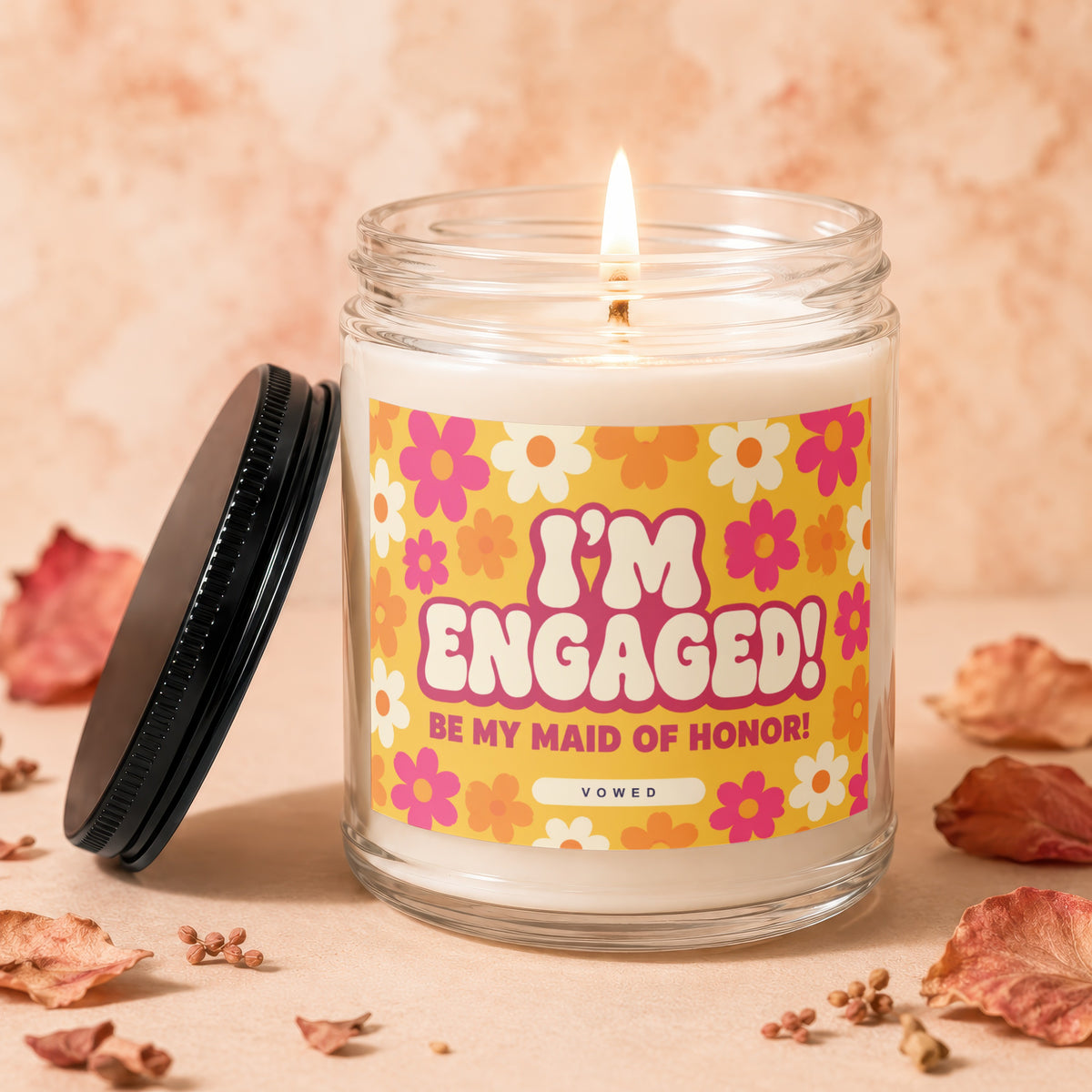 Candle with lit flame and "I'm Engaged! Be My Maid of Honor!" text.