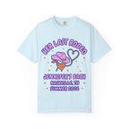 Light blue t-shirt with "Her Last Rodeo" text, cowboy hat, lasso, and Nashville details.