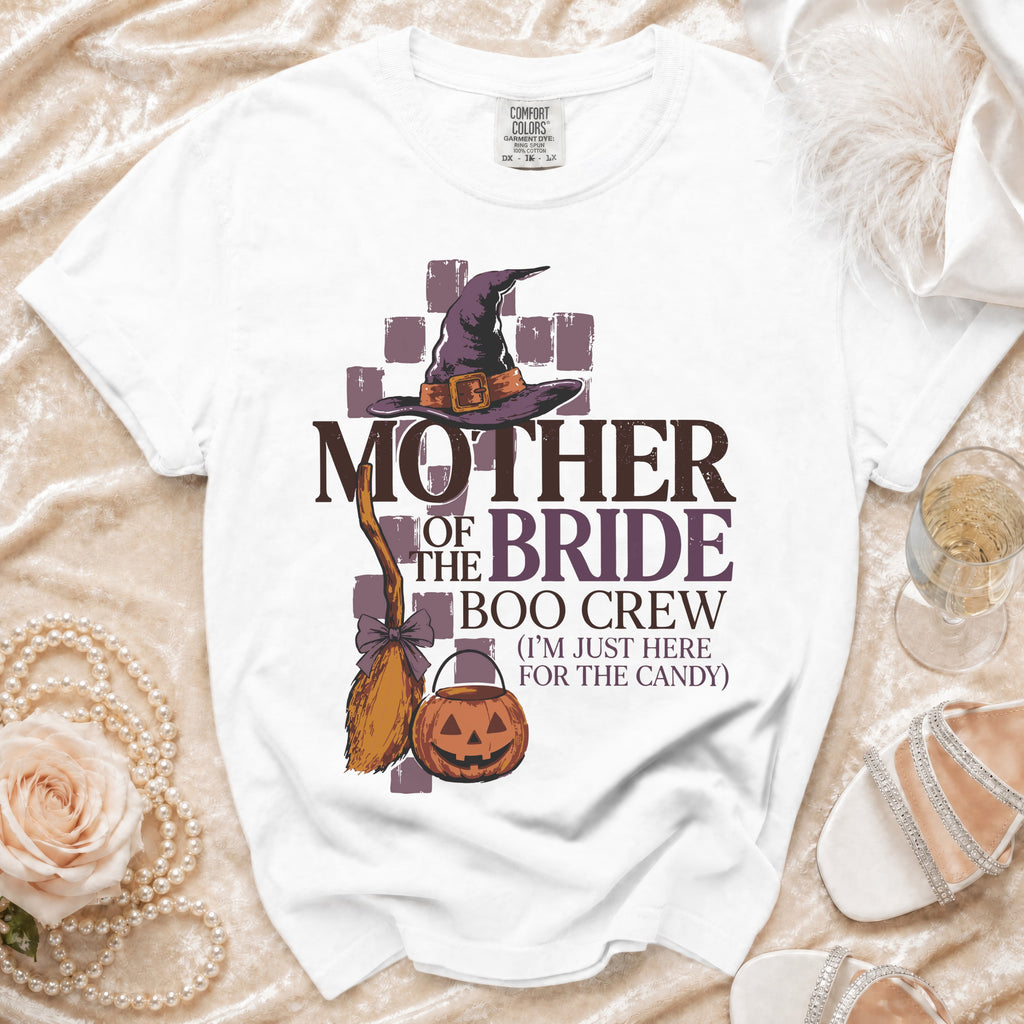 White t-shirt with "Mother of the Bride Boo Crew" Halloween graphic.