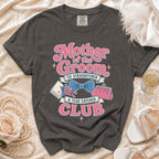 "Mother of the Groom Tie Straightener & Tear Catcher Club" t-shirt graphic.