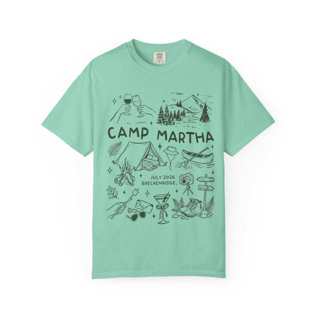 T-shirt with "Camp Martha" logo, camping, and beverage icons.