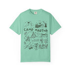 T-shirt with "Camp Martha" logo, camping, and beverage icons.