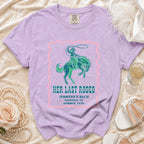 Purple t-shirt with "Her Last Rodeo" text and rodeo graphic.