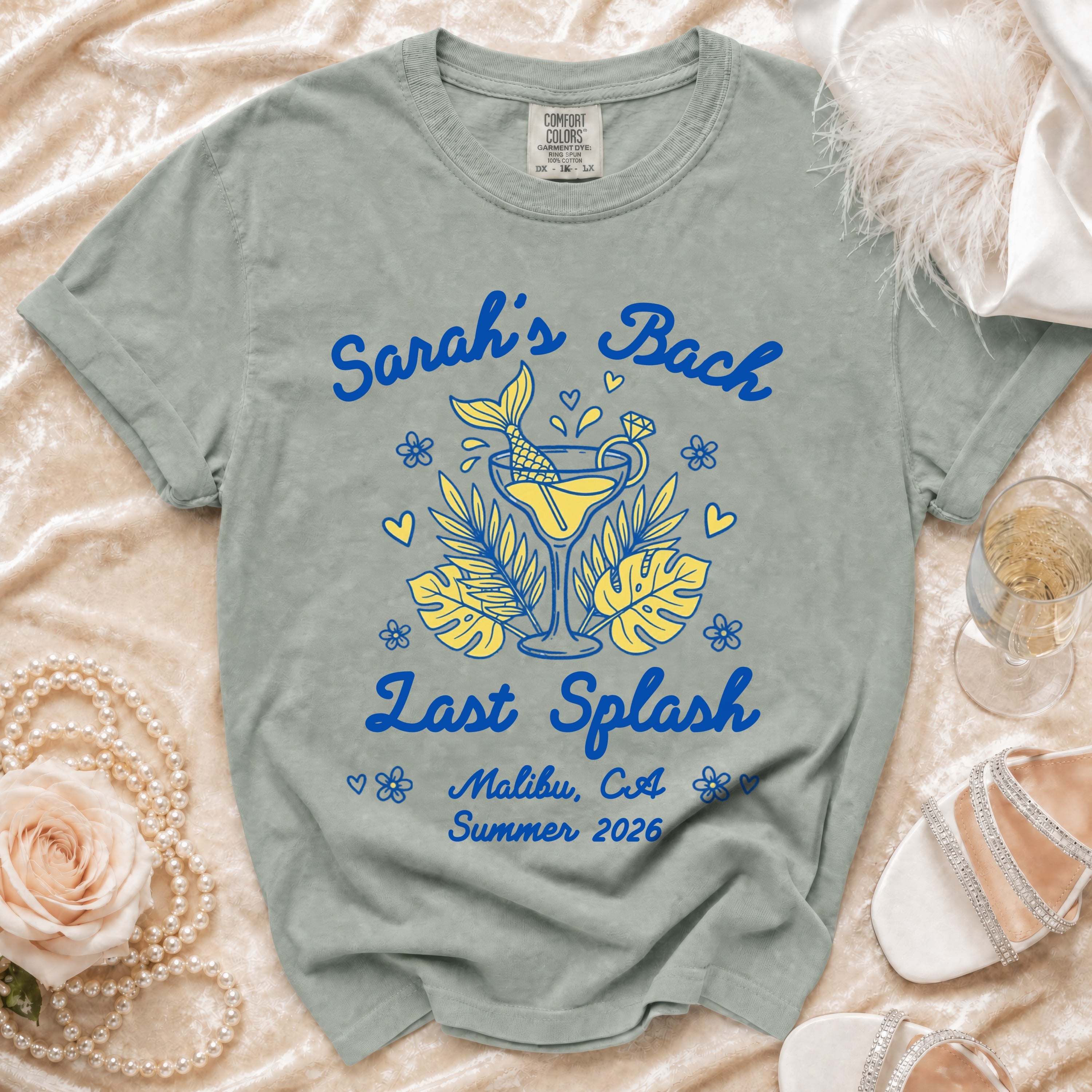 "Sarah's Bach" "Last Splash" graphic t-shirt with mermaid tail cocktail.