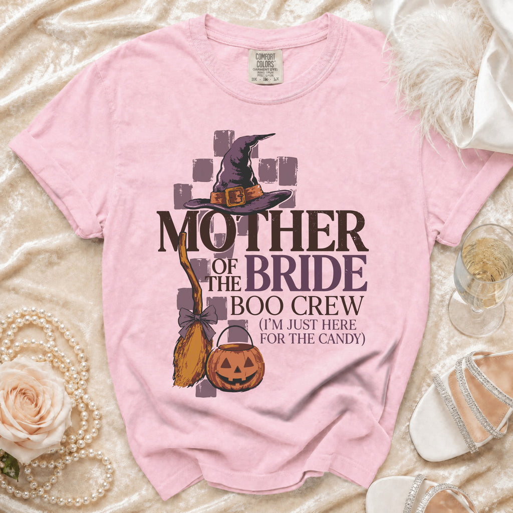 Pink t-shirt with "Mother of the Bride Boo Crew" Halloween graphic.