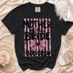 Black t-shirt with "Mother of the Bride Boocrew" text and spiderweb design.