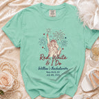 Mint green bachelorette t-shirt with "Red, White & I Do" and fireworks graphic.