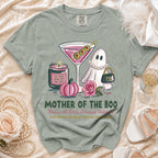 Green t-shirt with "Mother of the Boo" Halloween graphic featuring a ghost and martini.