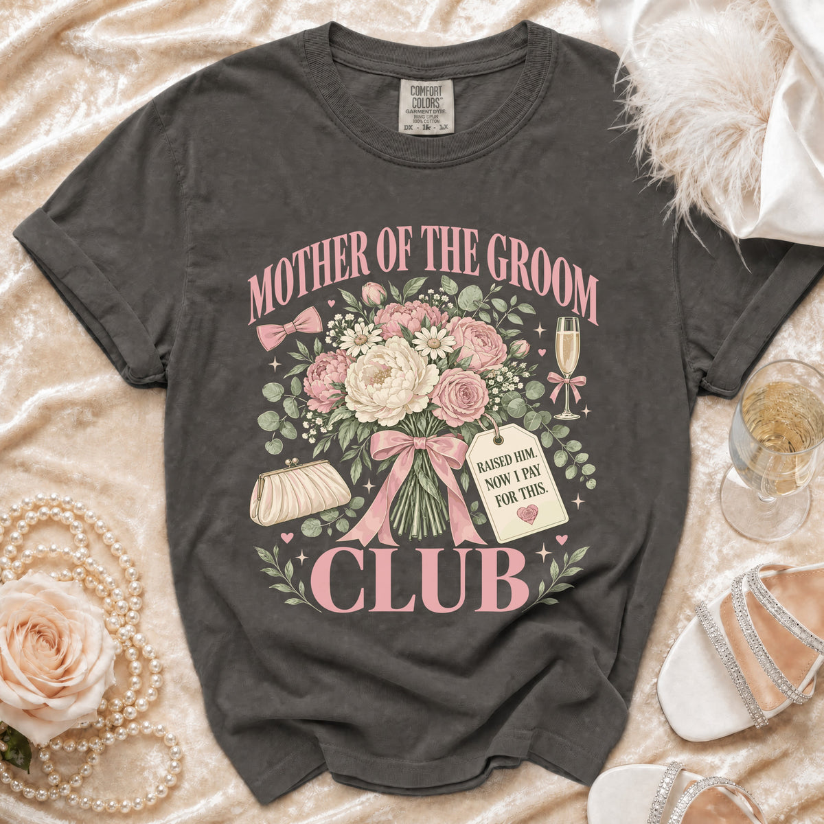 Dark gray t-shirt with "Mother of the Groom Club" graphic and floral design.