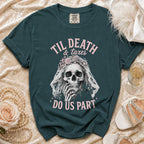 Green t-shirt with skull bride graphic and text "Til Death & taxes do us part".