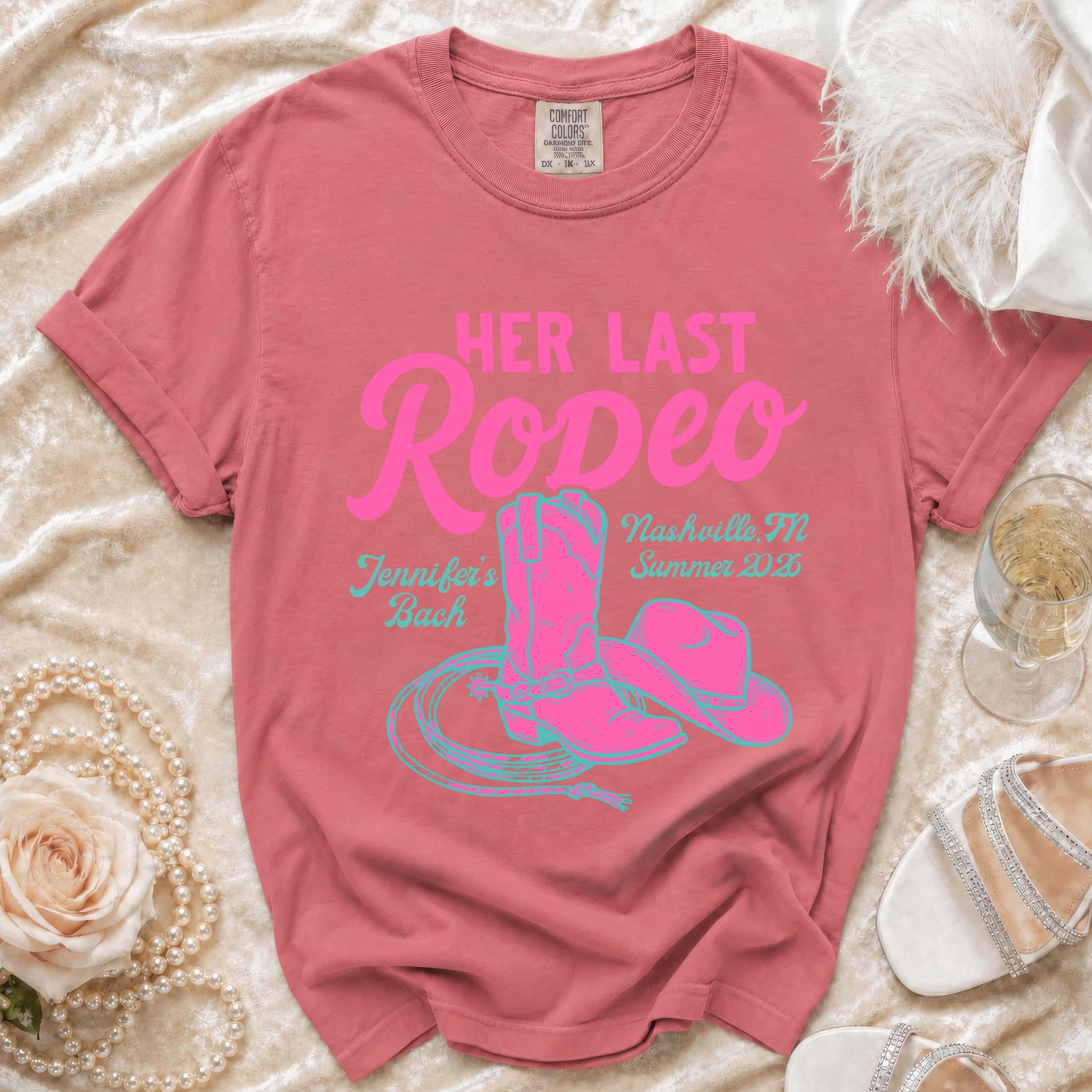 Comfort Colors t-shirt with "Her Last Rodeo" and Nashville bachelorette details.