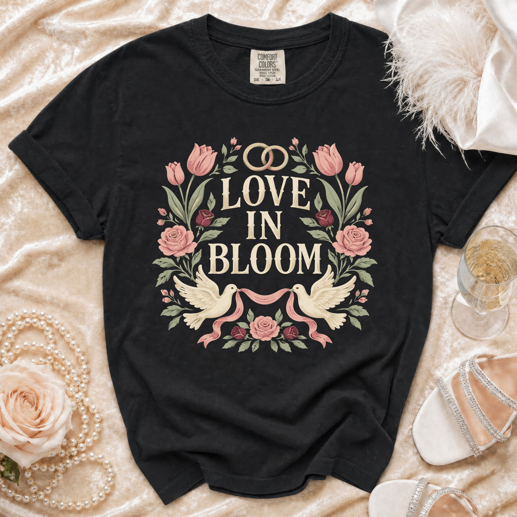 Black t-shirt with "Love in Bloom" text, doves, and floral design.