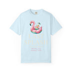 Light blue t-shirt with flamingo float graphic, "LAST SPLASH" and "Sarah's Bach, Malibu, CA Summer 2026".