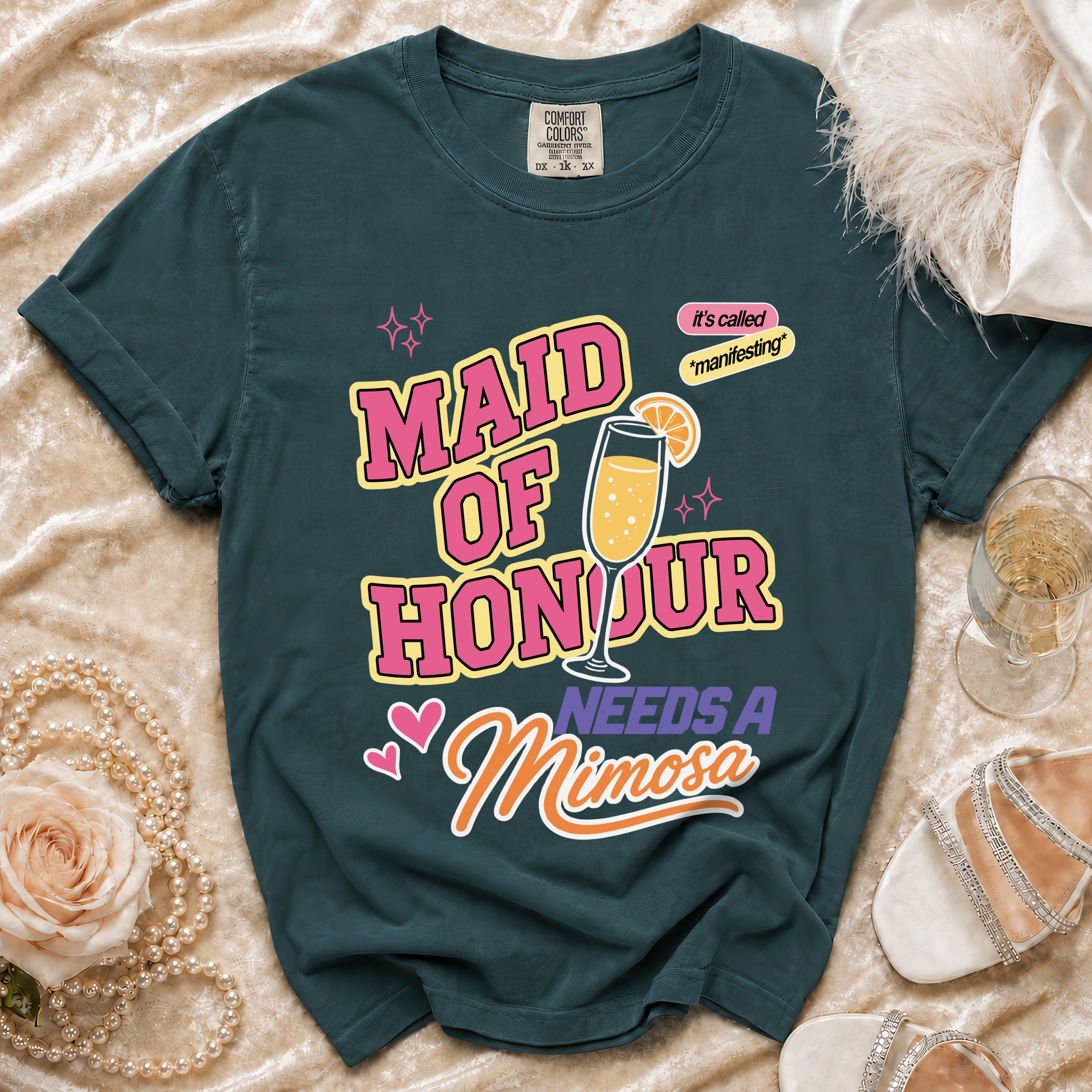 Maid of Honour needs a Mimosa t-shirt with champagne glass graphic.