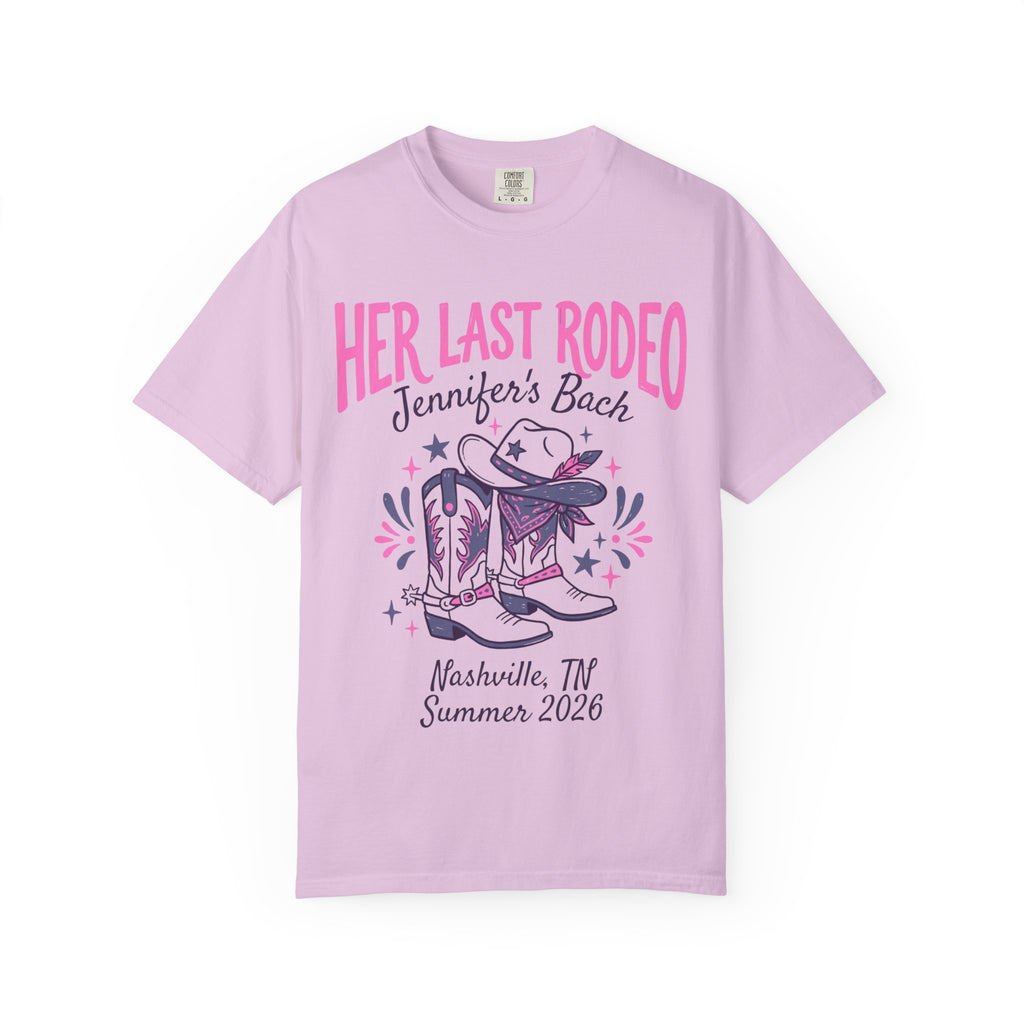Pink t-shirt with "Her Last Rodeo" text, cowboy boots, and Nashville, TN Summer 2026.