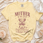 Yellow t-shirt with "Mother of the Bride" and "Professional Cryer & Budget Holder" text.
