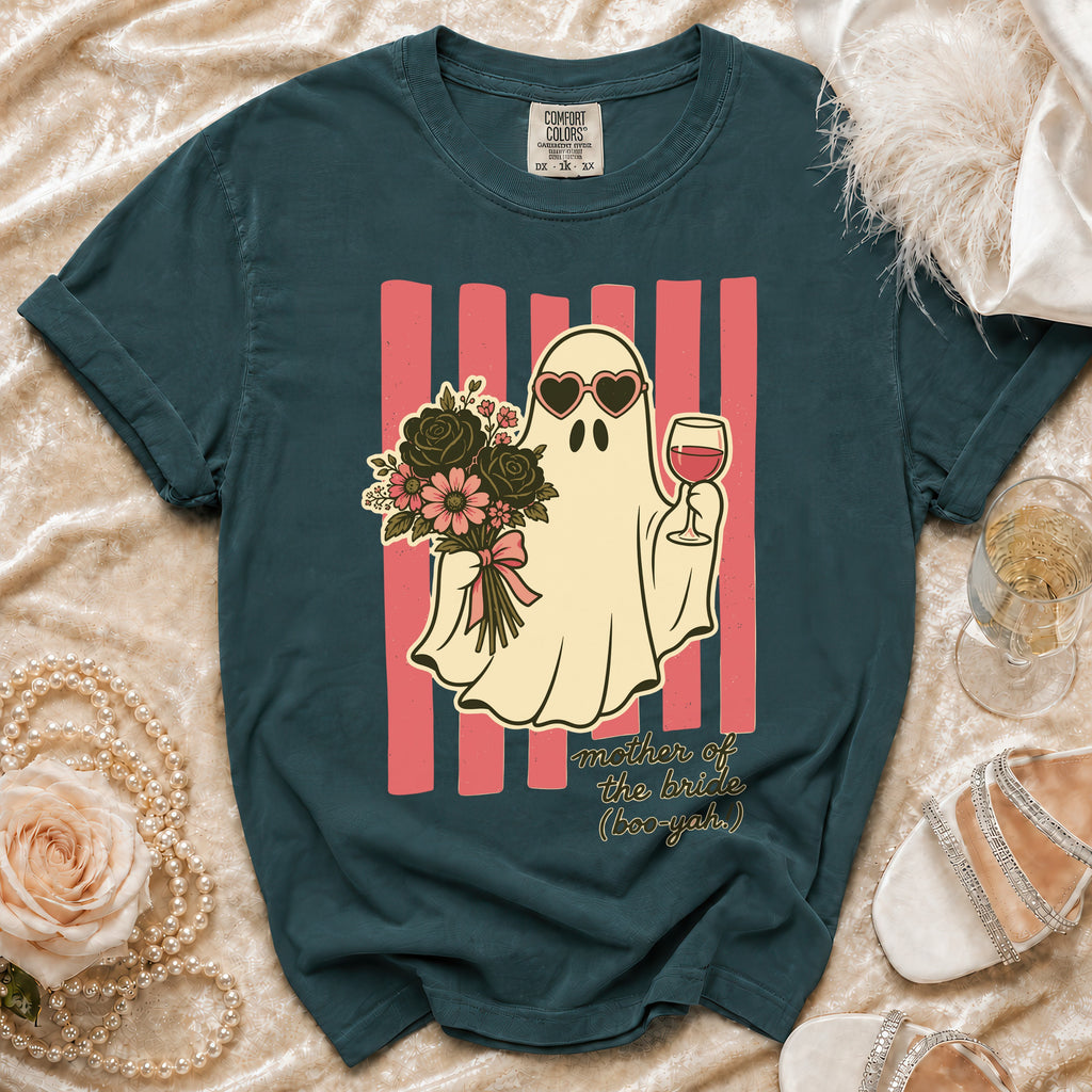 Ghost with sunglasses holding wine and flowers, text "mother of the bride".