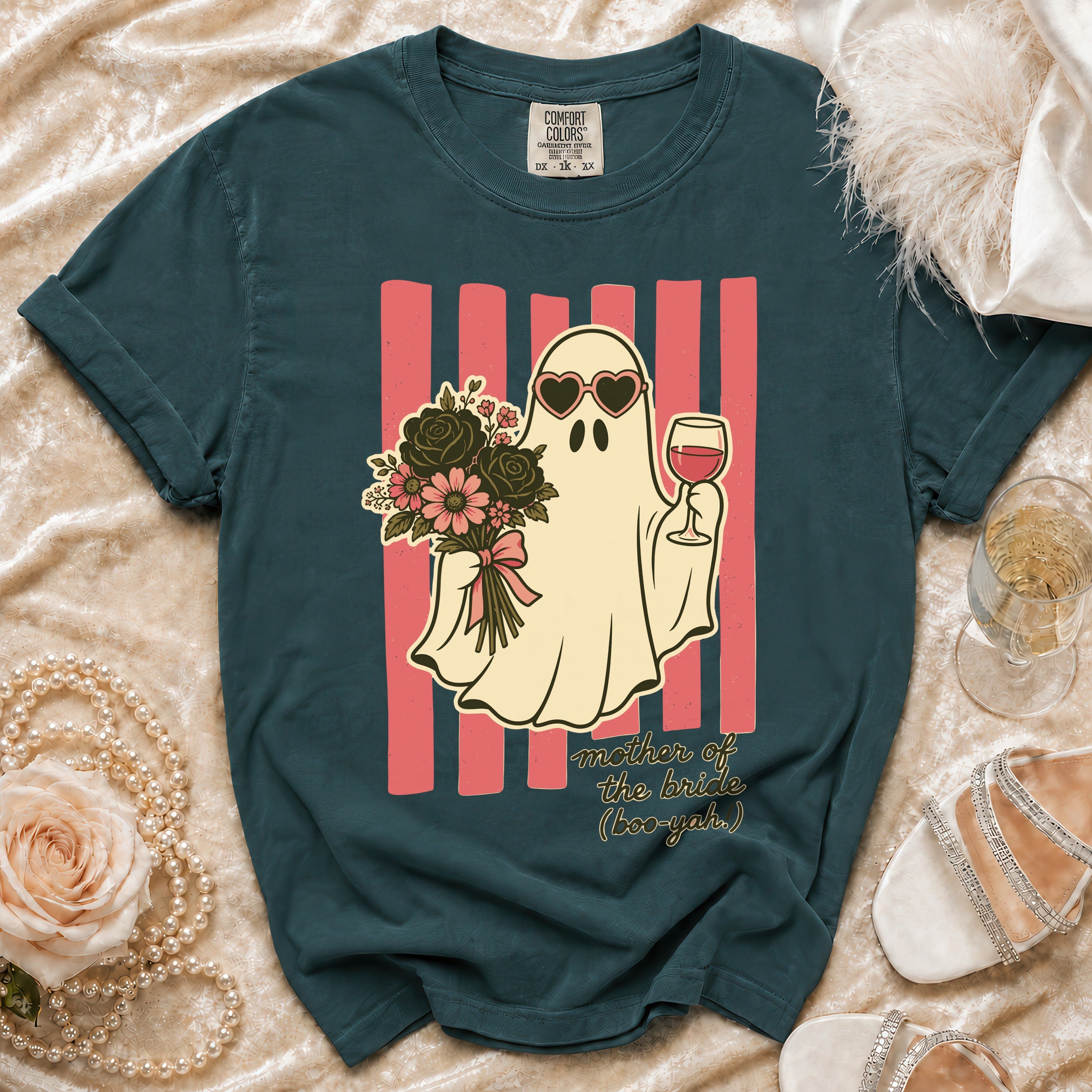 Ghost with sunglasses holding wine and flowers, text "mother of the bride".