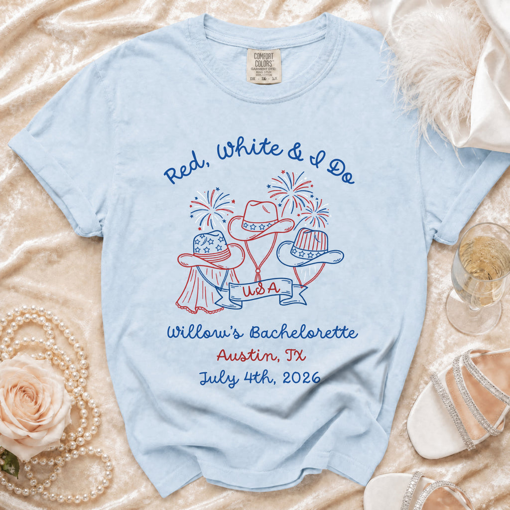 Light blue t-shirt with "Red, White & I Do" and bachelorette party details.