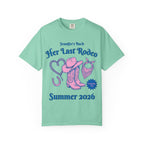 Teal t-shirt for "Jennifer's Bach: Her Last Rodeo" with cowboy boots, hat, and bandana.