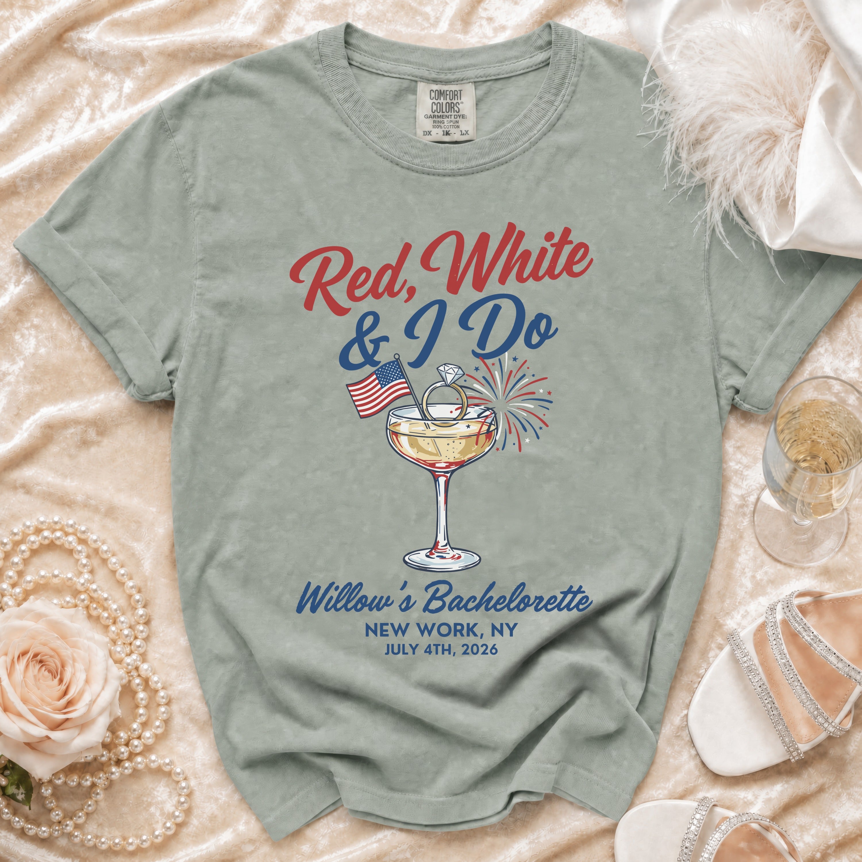 Red, White & I Do graphic with ring on champagne glass, Willow's Bachelorette, July 4th, 2026.