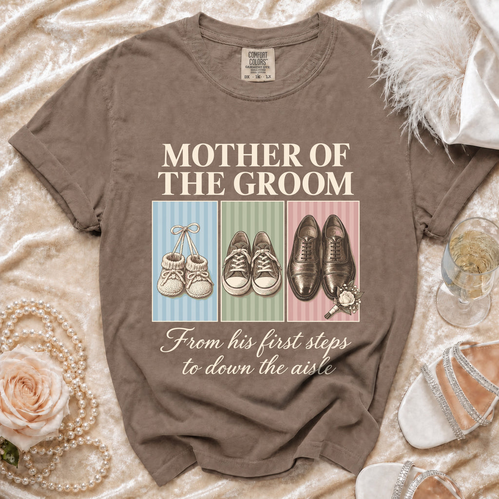 Mother of the Groom t-shirt with booties, sneakers, and dress shoes graphic.
